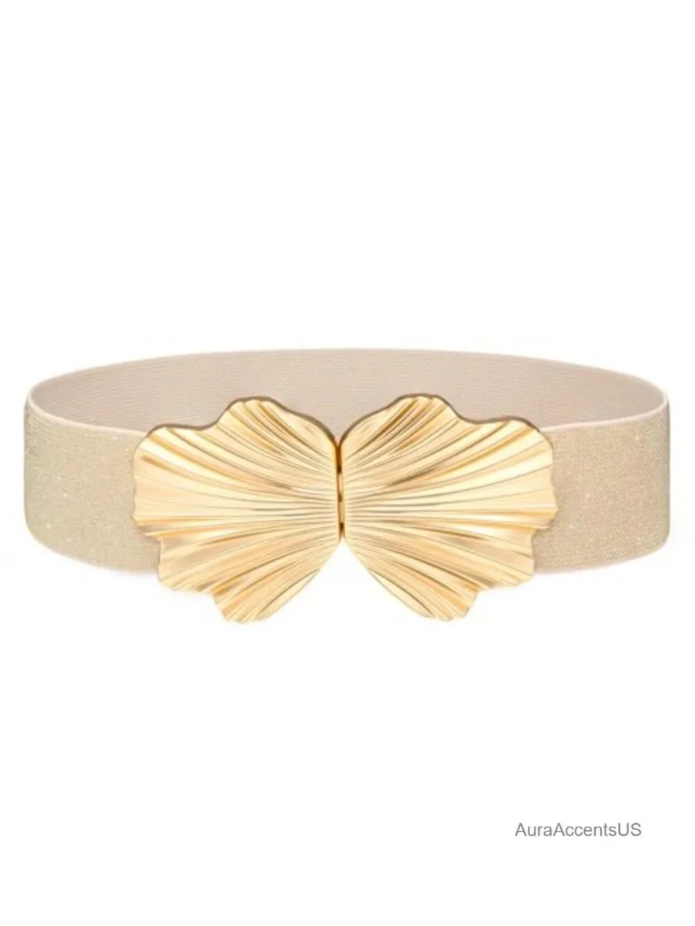 Wide Elastic Belt with Shell Gold Buckle - Stretchy Fashion Waist Belt for